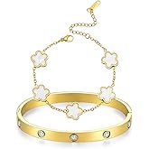 Feasnow 18K Gold Plated Clover Bracelet Love Bangle Set for Women Black and White Stack Bangle Clover Bracelet Fashion Simple Lucky Bracelets for Women Trendy Gifts