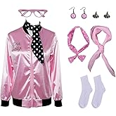 Lixinya Women's 50s Ladys Pink Satin Jacket Jacket with Neck Scarfs Halloween Cosplay Costume