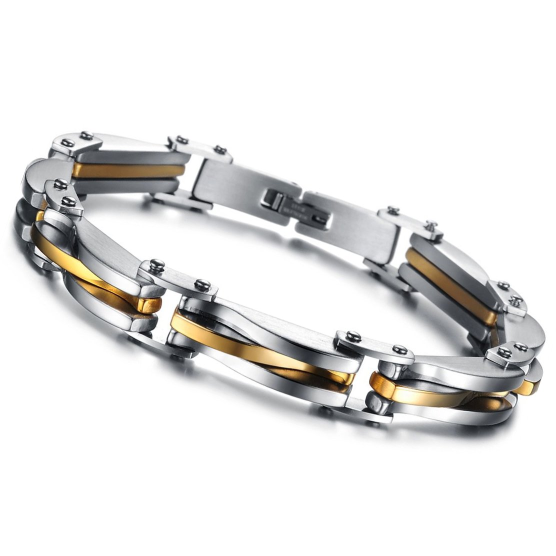 Cupimatch Luxury Mens Silver Gold Two Tone Stainless Steel Link Chain Cuff Bracelet Bangle, 8.66" Inch — image 1