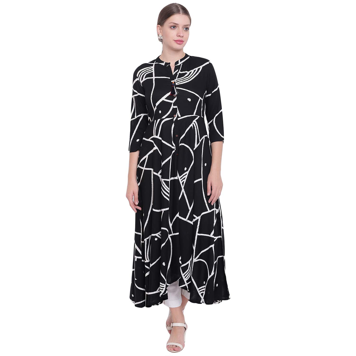 pinky pari abstract print long rayon flared kurta
