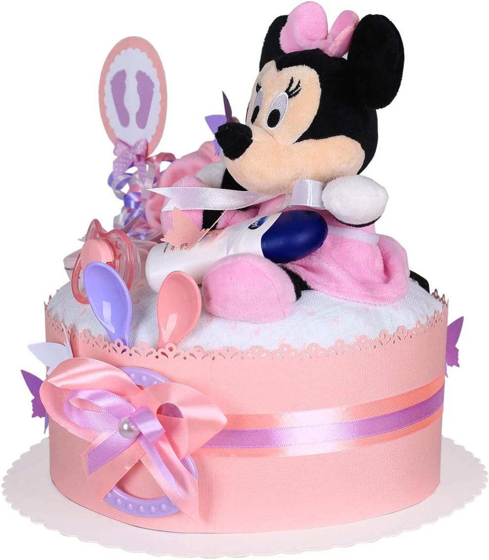 Momsstory Gateau De Couches Fille Minnie Mouse Disney Cadeau De Naissance Bapteme Baby Shower 1 Etage Rose Avec Tetine En Peluche Et Plus Amazon Fr Bebes Puericulture