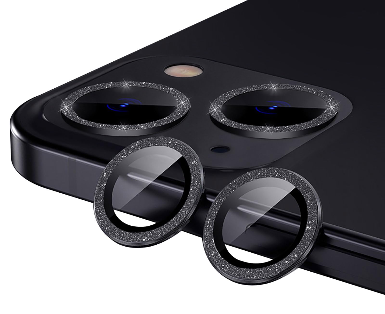 GIOPUEY Camera Protector Compatible with iPhone 15, iPhone 15 Plus Camera Lens Protector, Bling Powder Diamond, Shiny, Elegant, Easy to Install - Black — image 1