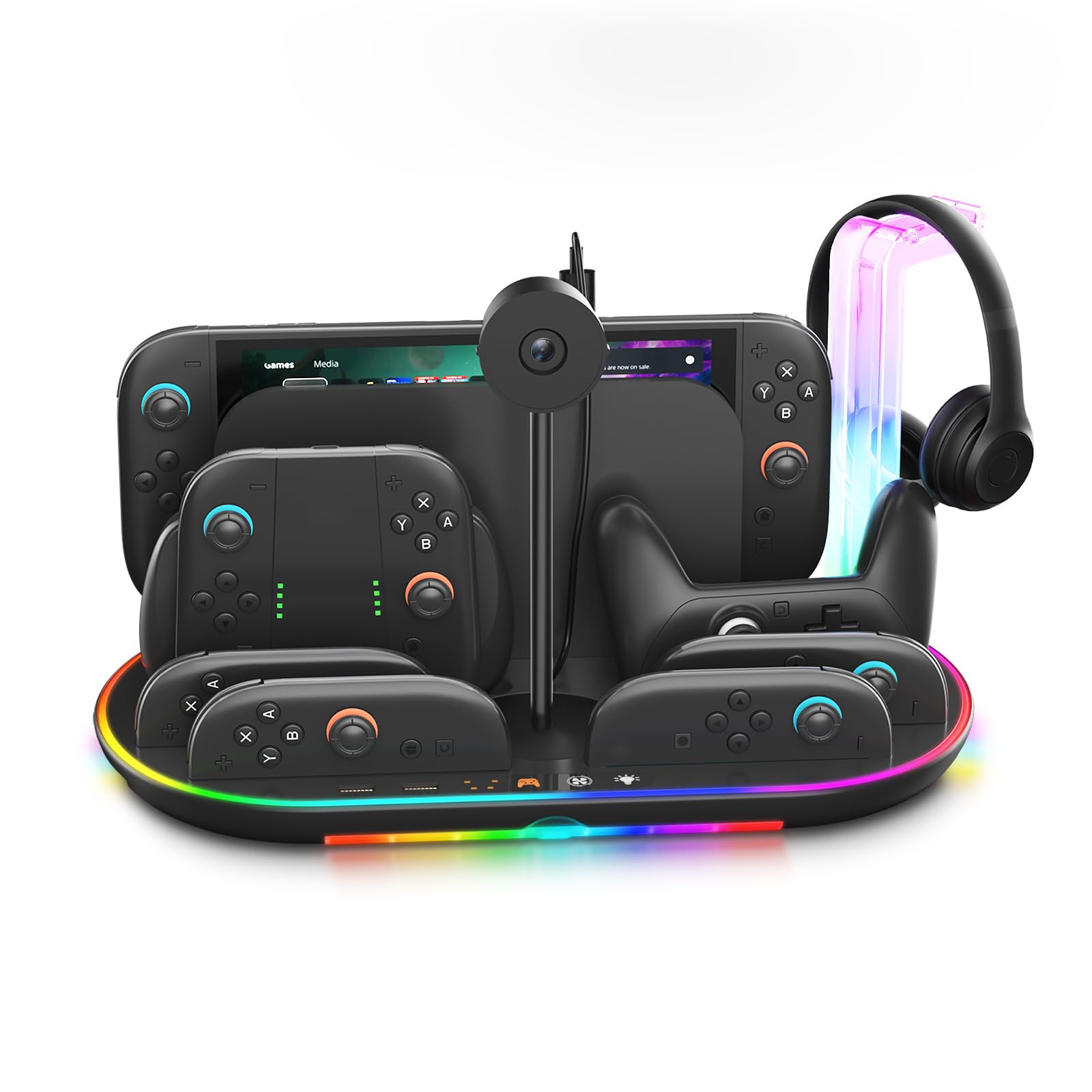 Charging Station for Switch 2 with Cooling Fan DOBEWINGDELOU Controller Charger for JoyCons and Pro Dock Stand with RGB Light 2 USB Ports 7 Game Card Slots LED Indicators