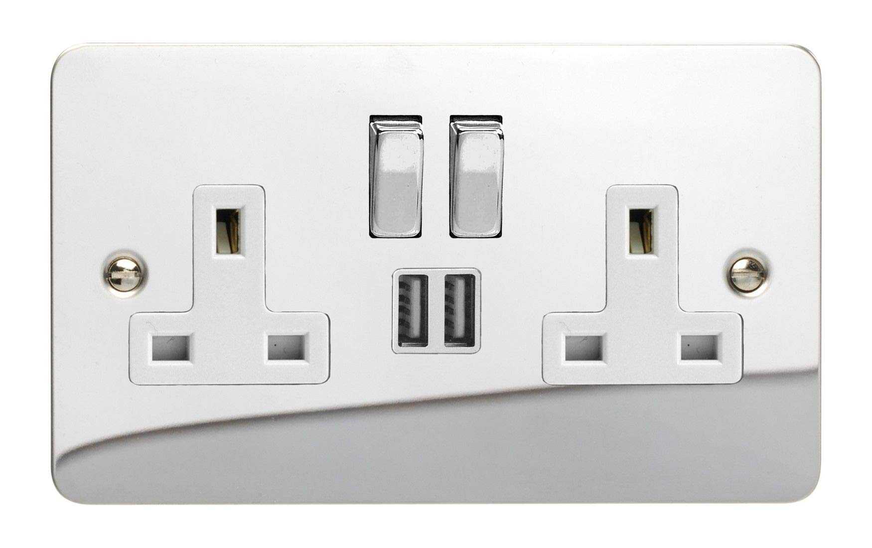 Ultra Flat Polished Chrome 2 Gang 13 Amp Socket + 2x USB Charging Port - White Inserts