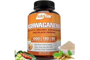NutriFlair Organic Ashwagandha Root Extract 1950mg, 180 Capsules - with Organic Black Pepper - Stress and Mood Support - Powerful Adaptogenic Benefits and overall Health - Made in USA