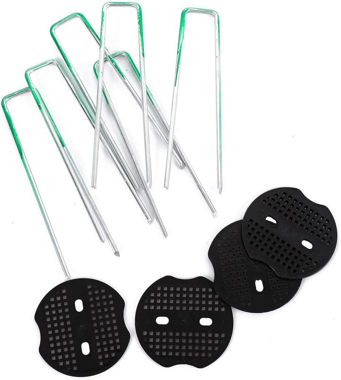 LINZI Pack of 100 U-Shaped Garden Pegs Half-Green Galvanised Steel + Buffer Washers for Fixing Securing Weed Barrier Fabric, Cloth, Mat, Wire, Fencing 667432