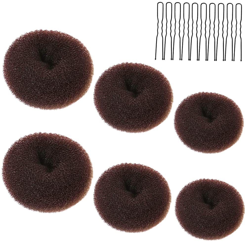 6 Pcs Donut Bun Ring with 20 U-Shaped Hair Pins for Girls, Kids and Women - Brown