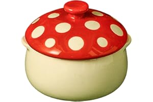 Mushroom Shaped Ceramic Soup Bowl with Lid and Handles, Serving Bowls for Soup, Stew, Ramen, Cereal, Oatmeal, Salad-Red-4.9 I