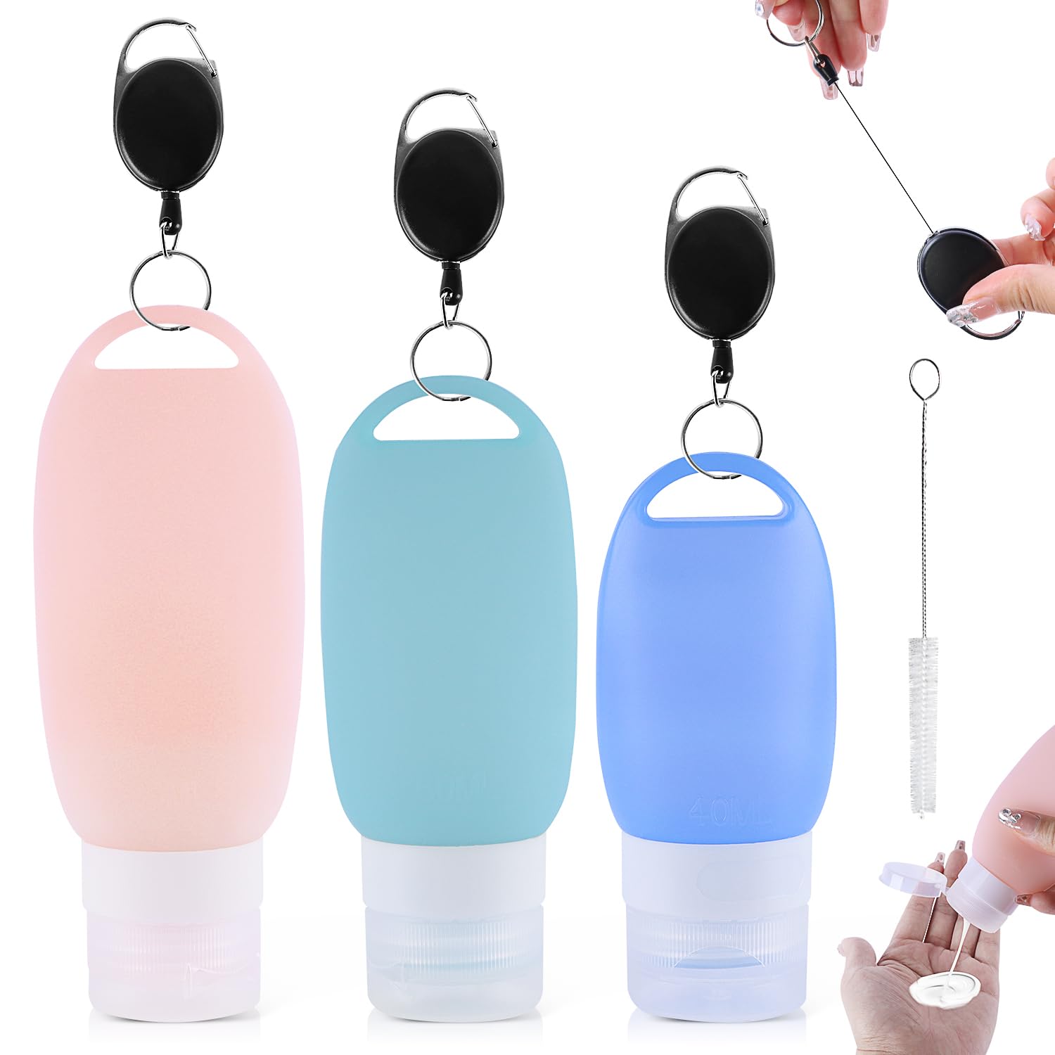 ENUTROF Feeding Tube Dog Fillable Tube Dog Training 90/60/40 ml Pack of 3 Silicone Travel Bottles Set with Carabiner for Travel Outdoor Activities Blue Pink Green