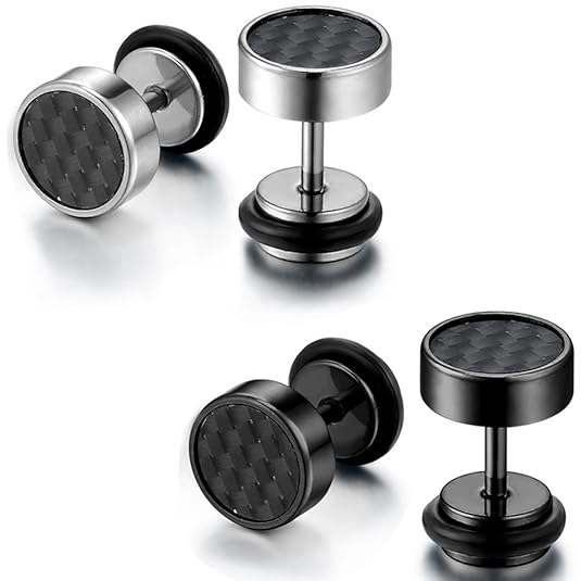 Flongo Damen Ohrringe Männer Ohrstecker, 4 Stück Edelstahl Harz Gestüt Stecker Kohlenstoff Carbon Fiber Kohlefaser Herren Ohr