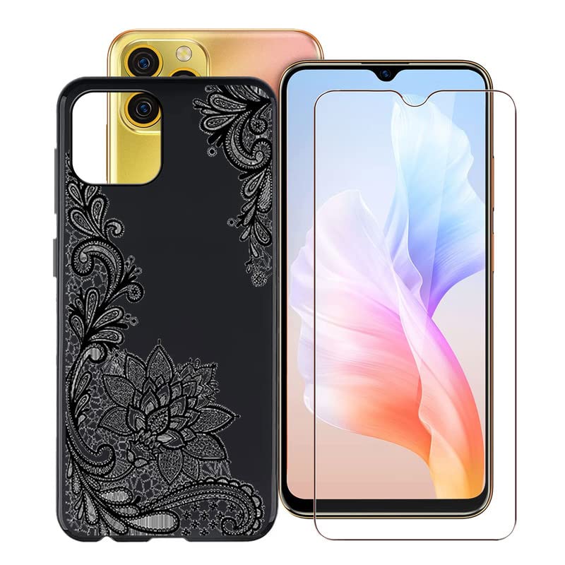 HGJTF Phone Case for Blackview A95 (6.53'') + [1 Piece Tempered Glass Screen Protectors], Black Soft Silicone TPU Anti-Shock Phone Cases Cover for Blackview A95 - WM108