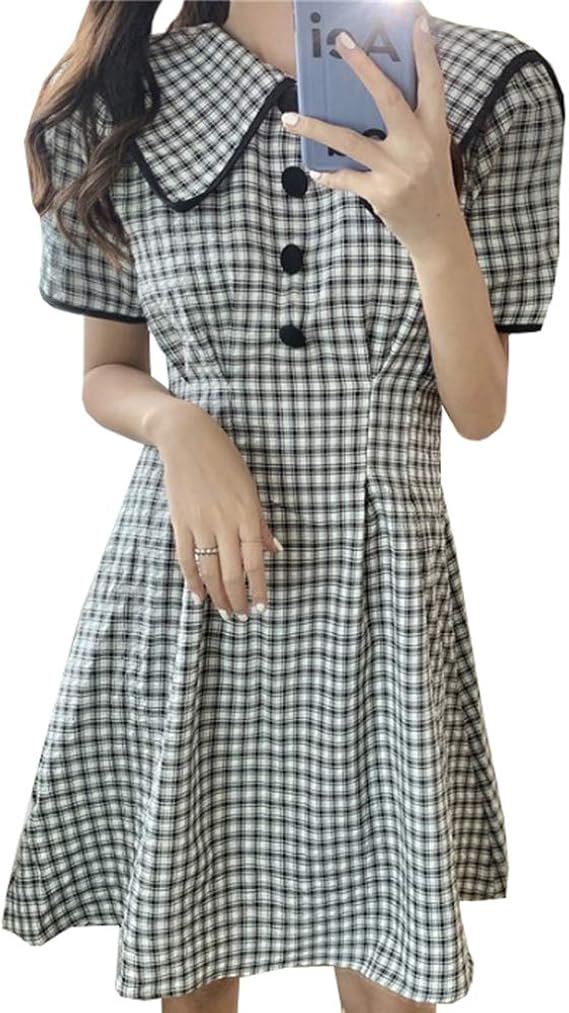Amazon Co Jp Qyyワンピース レディース チェック柄 シャツワンピース 半袖 フレアワンピース 膝丈 Aライン 着痩せ かわいい 夏 ワンピース おしゃれ 通学 服 ファッション小物