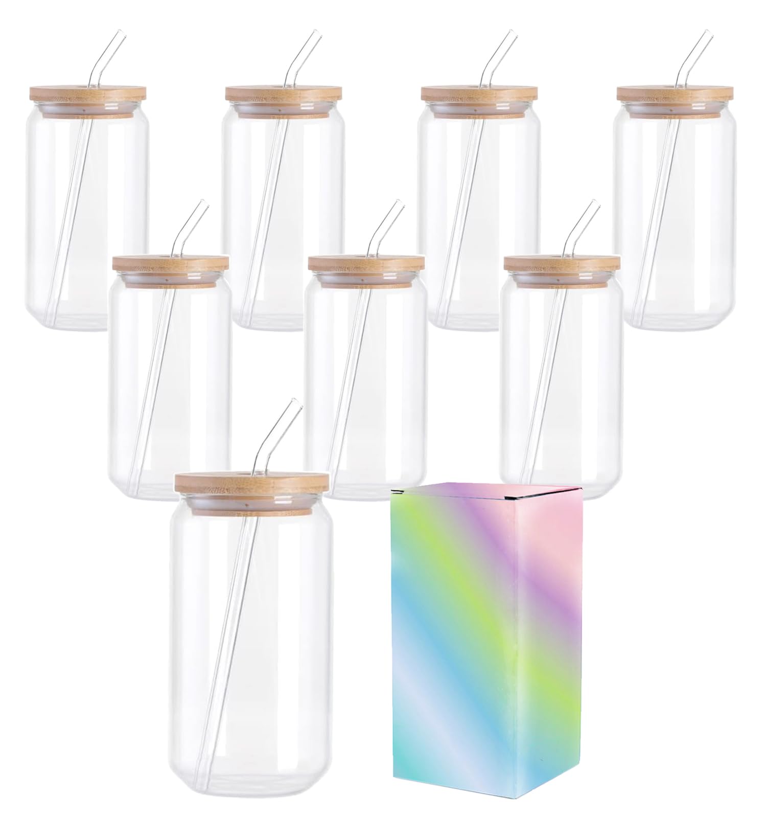 Photo 1 of ABBSH Sublimation Glass Blanks With Bamboo Lid, Frosted Tumbler 16OZ Beer Can Cups With Straws 8Pack