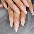 EchiQ Nude Extra Long Fake Nails Coffin Full Cover Glossy False Nail Long Ballerina Nails with Glue Sticker