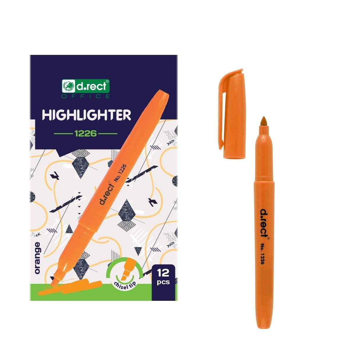 D.RECT 1226 Highlighters with Chisel Tip Orange Pack of 12