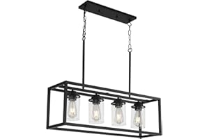 KEESFU Farmhouse Linear Chandeliers for Dining Room,Rectangle 4 Light Kitchen Island Lighting with Clear Glass Shade,Black Pendant Light for Dining Room Kitchen Table.