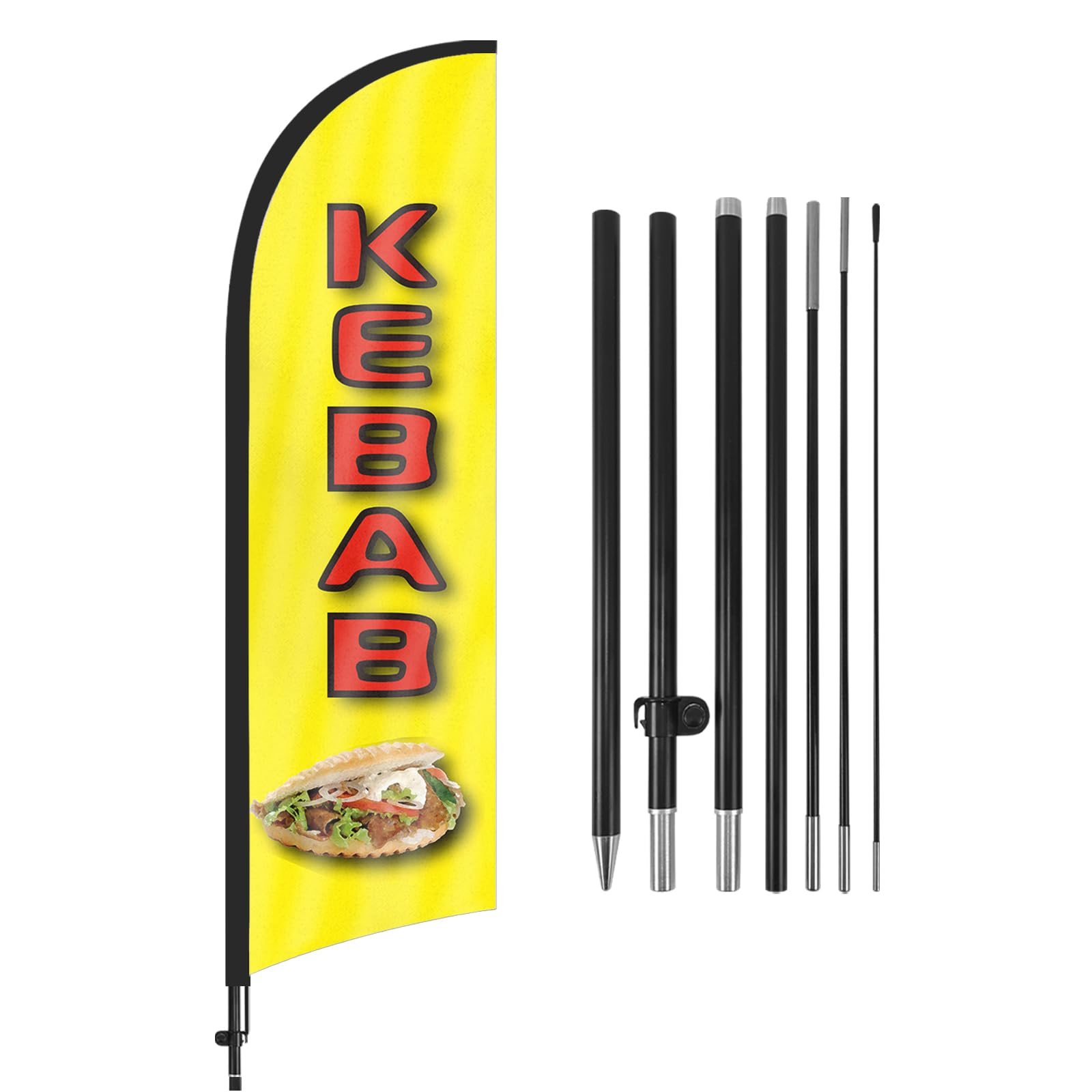 QSUM Kebab Feather Flag,8FT Kebab Advertising Swooper Flag with Pole Kit, Ground Spike, Kebab Signs for Businesses and Storefronts