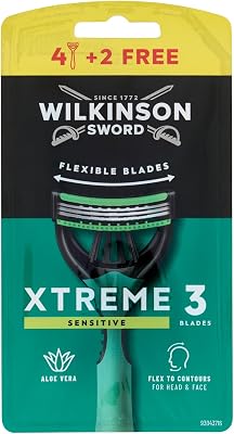 Xtreme 3 Sensitive - Maquinillas de Afeitar Desechables con 3 Hojas Flexibles y Banda Lubricante de Aloe Vera y Vitamina E , Pack Promocional 4 + 2 Unidades