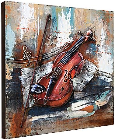 Asmork 3D Metal Art - 100% Handmade Metal Unique Wall Art - Stereograph Oil Painting - Home Decor - Ready to Hang Sculpture Artwork 3D Picture (Violin (24x24 inch))
