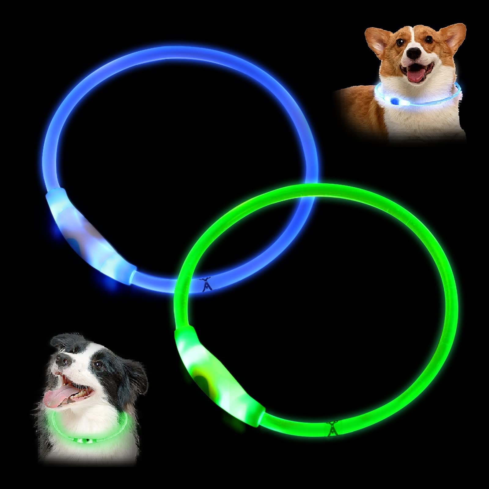 2 Pack LED Dog Collars, 27.5 in Cuttable USB Rechargeable Lighting Glowing Pet Collar for Night and Safety Light up Collar for Small Medium Large Cats Dogs (Green, Blue)