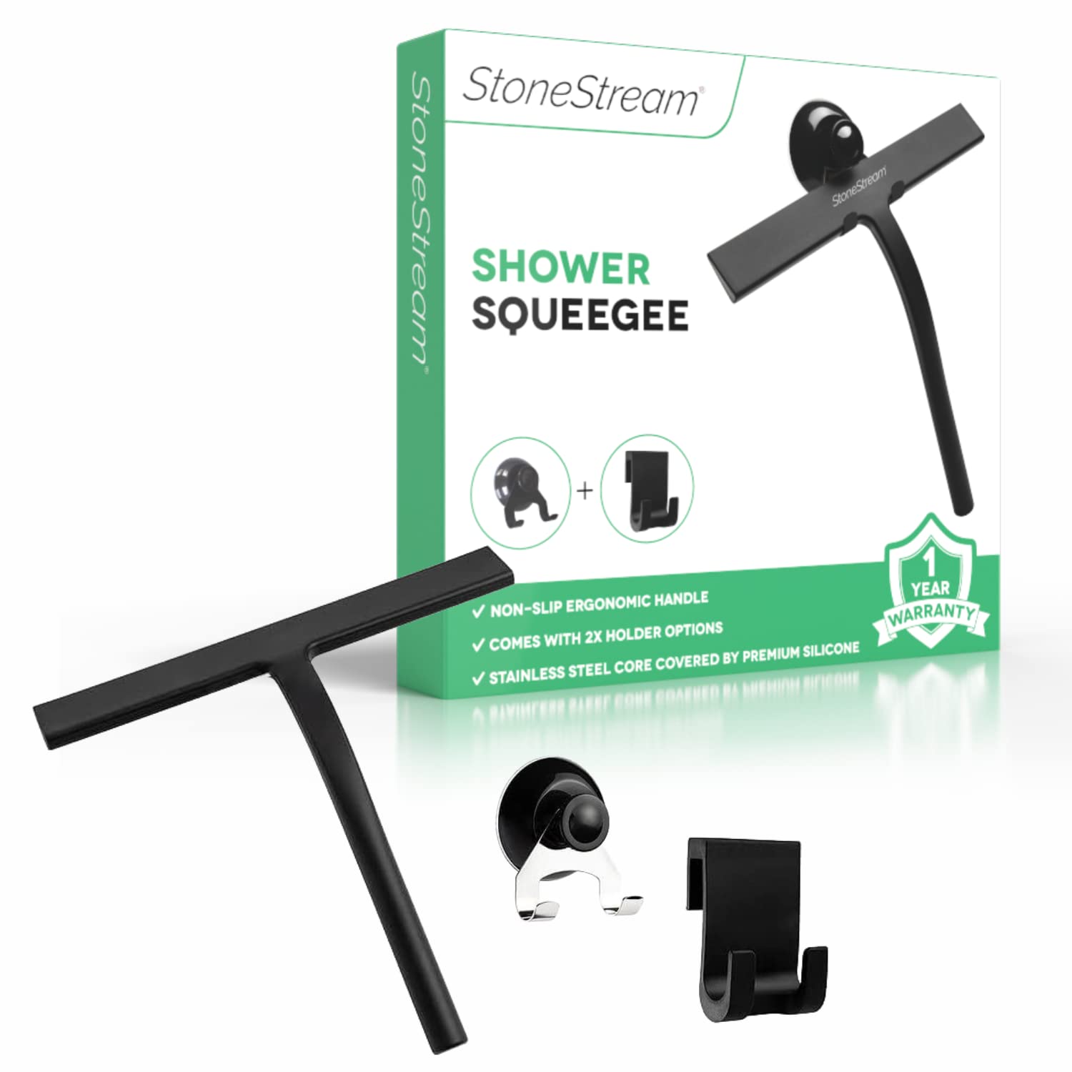 Original StoneStream Shower Screen Cleaner Squeegee, Bathroom Squeegee for Shower Doors, Bathroom Windows - Matte Black