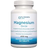 Puregen Labs Magnesium 400mg High Potency Supplement, 120 Tablets | Magnesium Oxide, For Immune Support, Muscle Recovery, Leg Cramps and Relaxation