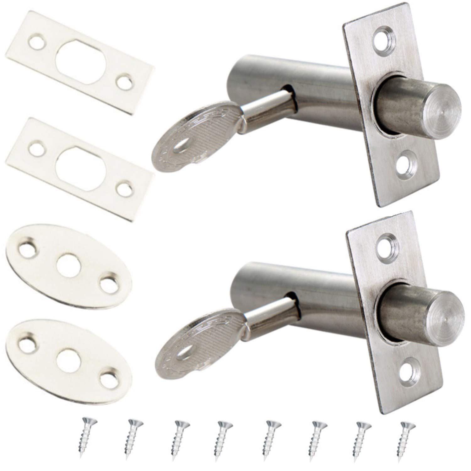2 Pack Tubular Mortice Latch Door Security Rack Bolt Stainless Steel Door Bolts with Keys and Screws for Internal Door and Window