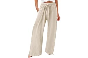 FlekmanArt Women's Fashion Solid Color Cotton Wide-Leg Pants Elastic Lacing Trousers Loose Casual Summer Pants with Pockets