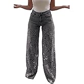 Sezhgswd Women's Lace Patchwork Jeans High Waisted Straight Wide Leg Hollow Out Sheer Flower Baggy Stetch Denim Pants