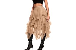 Kaei&Shi Long Tulle Skirt,High Waisted Asymmetrical Ruffle Skirts for Women,Renaissance Fairy Costume Concert Birthday Party