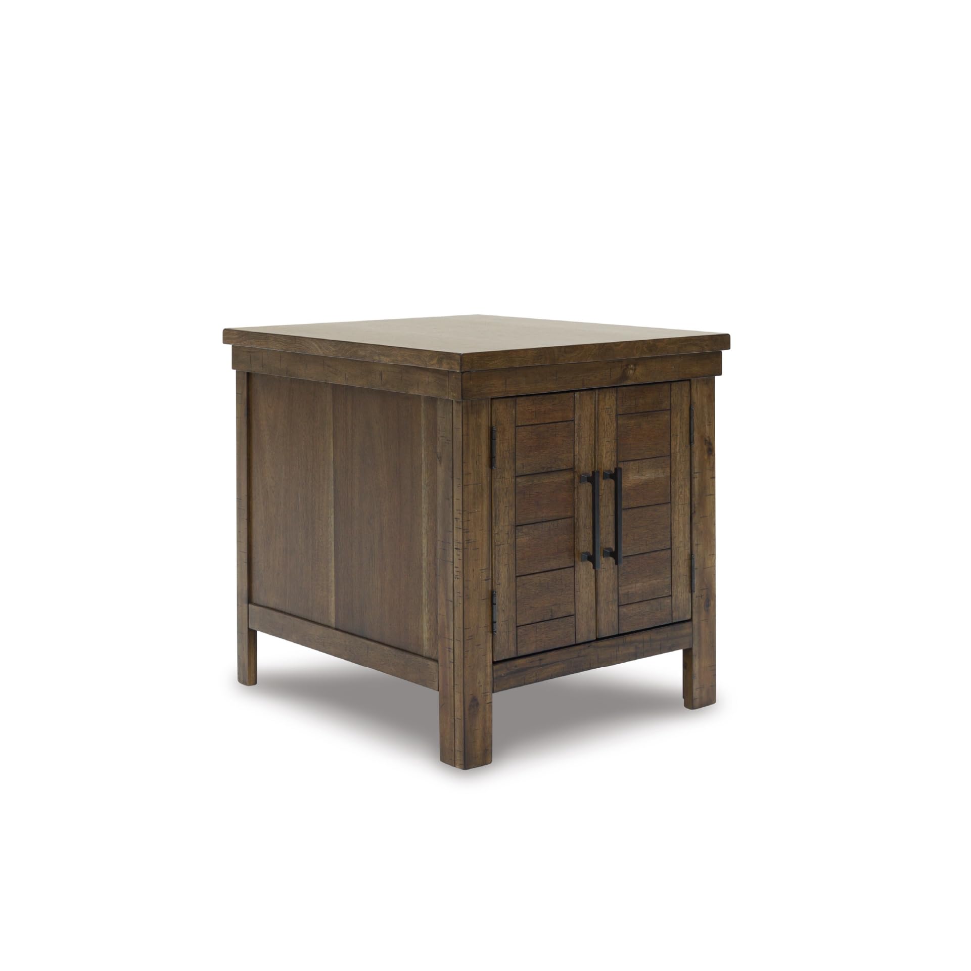 Signature Design by Ashley Moriville Rustic Farmhouse Rectangular End Table with Dual Cabinet Doors, Antique Bronze-Tone Hardware, Wood, 25" High, Brown Image