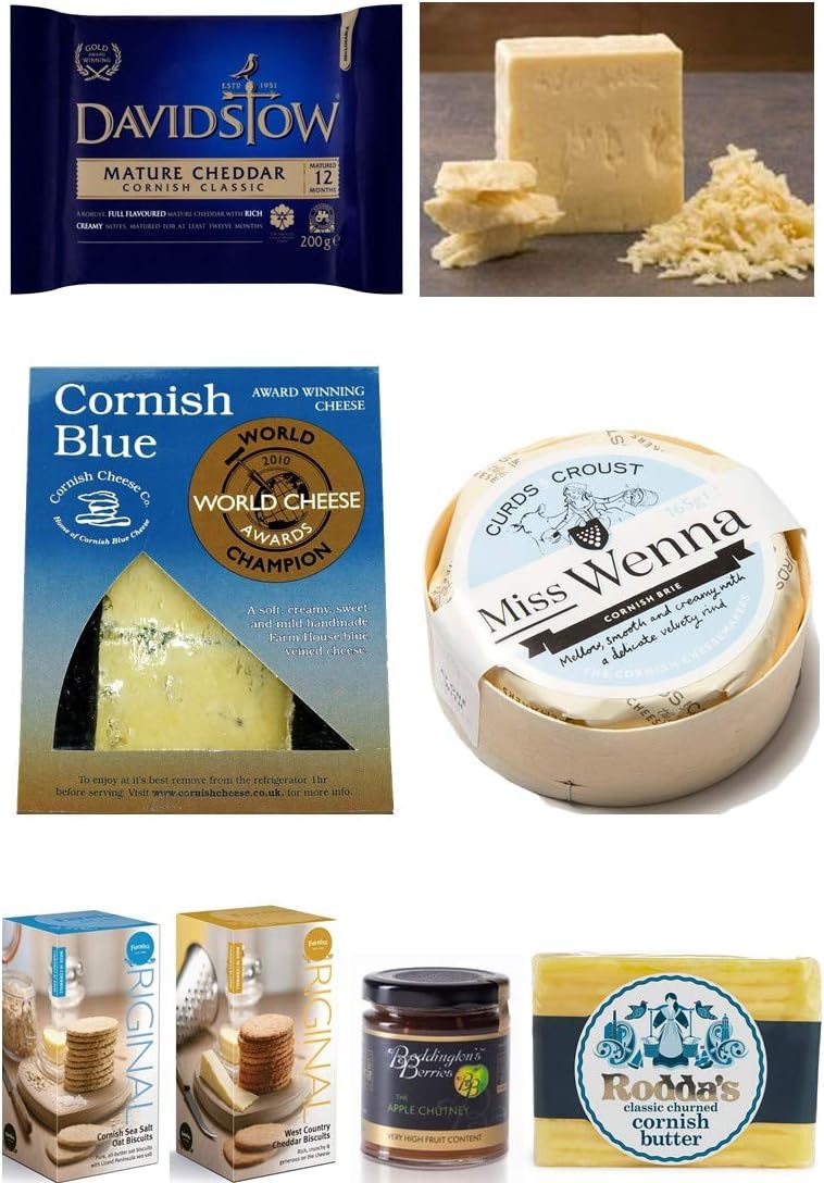 Cornish Cheese Selection - Cornish Cheese Selection - Cornish Blue, Miss Wenna Brie, Davidstow Cheddar & Smoked Peninsula Cheddar with Rodda's Butter, Apple Chutney & Savoury Biscuits