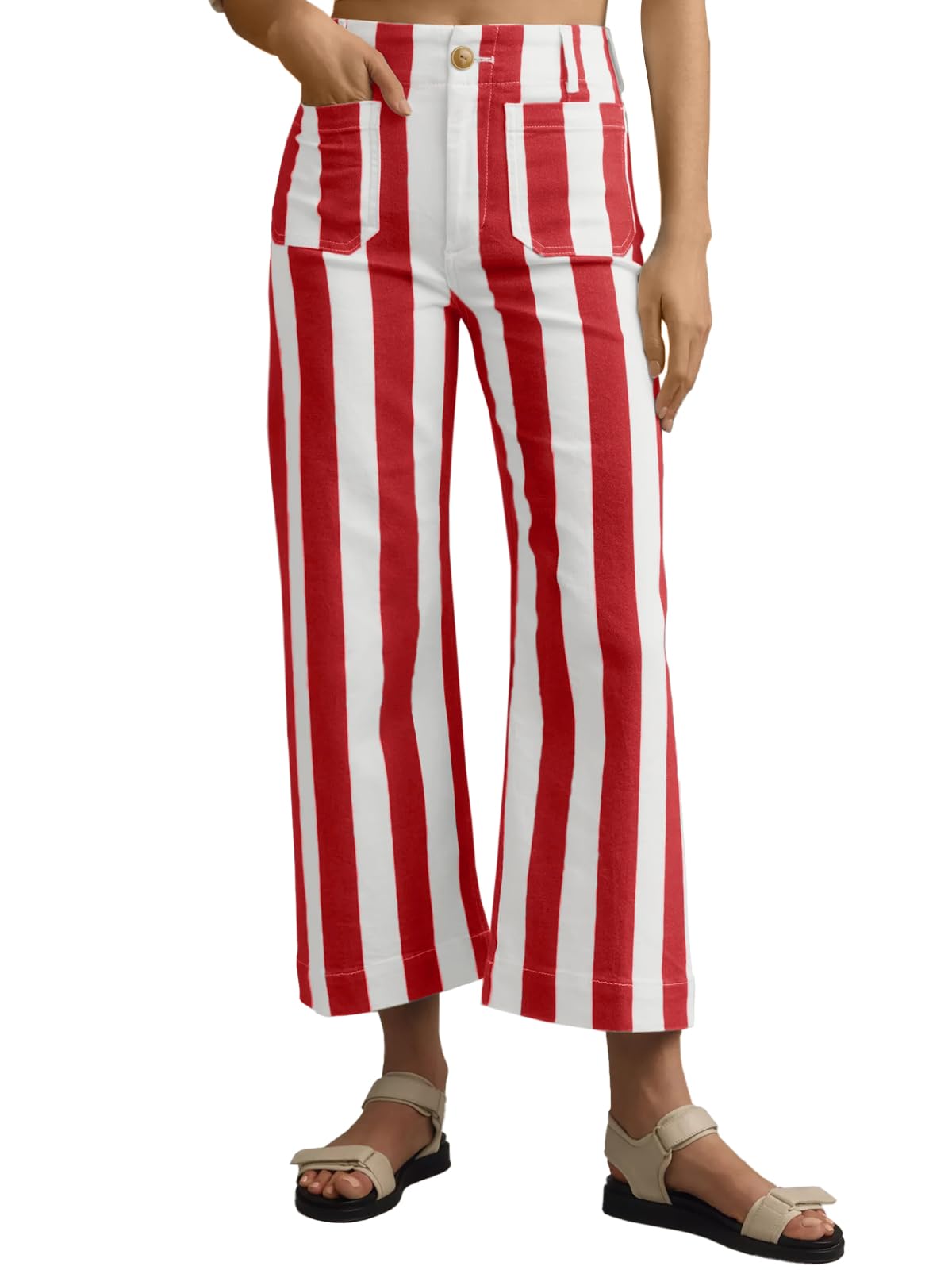 Photo 1 of Tankaneo Womens Cropped Striped Jeans Casual High Waisted Stretchy Straight Leg Denim Pants with Pockets Red size 4