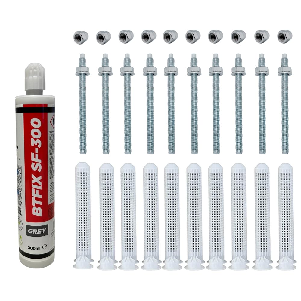BATIFIX Schwerlast-Montageset I M10x130 Ankerstangen verzinkt + Siebhülsen inkl. Injektionsmörtel und Hutmuttern I Schwerlast-Anker I Schwerlast-dübel (Verzinkter Stahl, M10 x 130 mm)