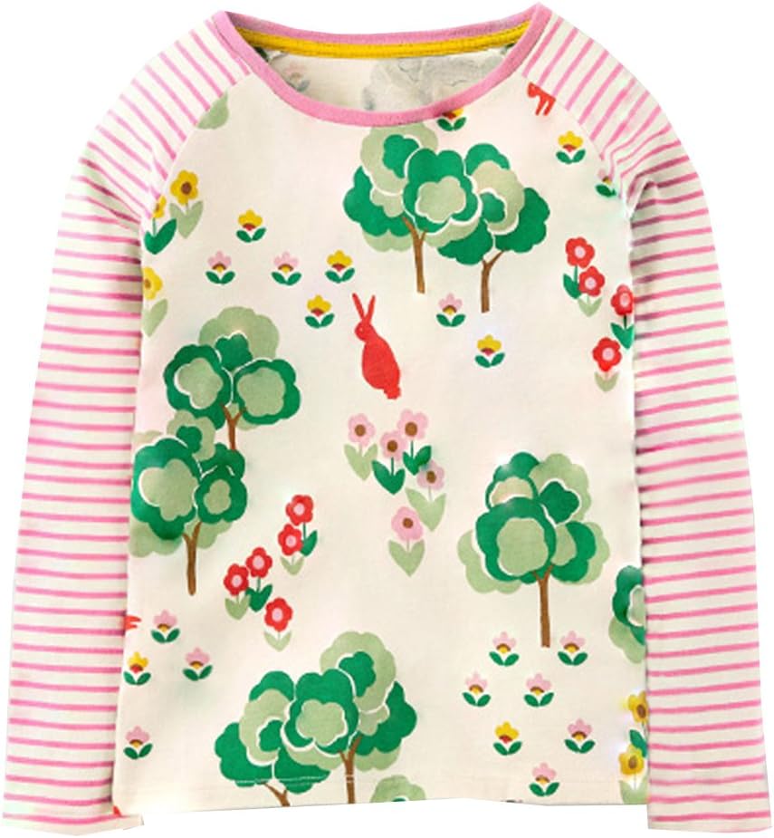 Girls Cute Cotton Cartoon Long Sleeve T-Shirt (7T, Pink)