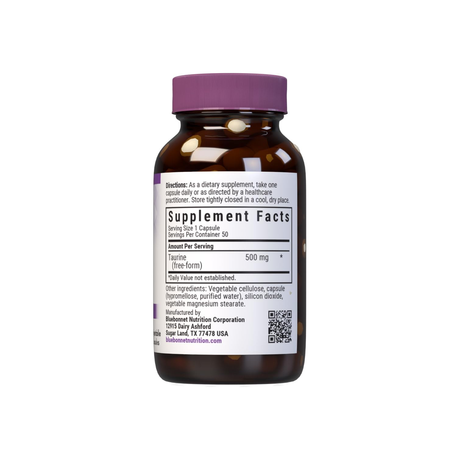 Bluebonnet Taurine 500 mg Vitamin Capsules, 50 Count