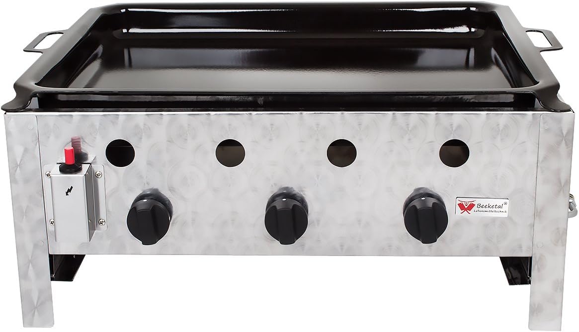 Beeketal &#39;GGB-1&#39; Profi Gastrobräter Gasgrill mit emaillierter Stahlpfanne, 3-flammig, Piezo Zünder, 3 x Gasregler stufenlos, Gasbräter inkl. emaillierter Stahlpfanne, Gasschlauch und Druckminderer