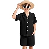 Flygo Boys Summer 2 Piece Beach Outfits Casual Short Sleeve Button Down Shirts and Shorts Vacation Outfit Textured Sets