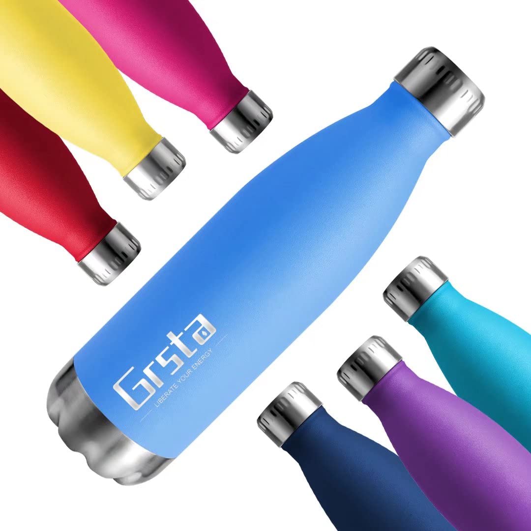 Grsta Sports Water Bottle - Stainless Steel Water Bottle - 500ml Water Bottle - BPA Free Leak Proof - Hot Water Bottle - Suitable for Outdoor Sports, Yoga, Camping, Travel, Hiking