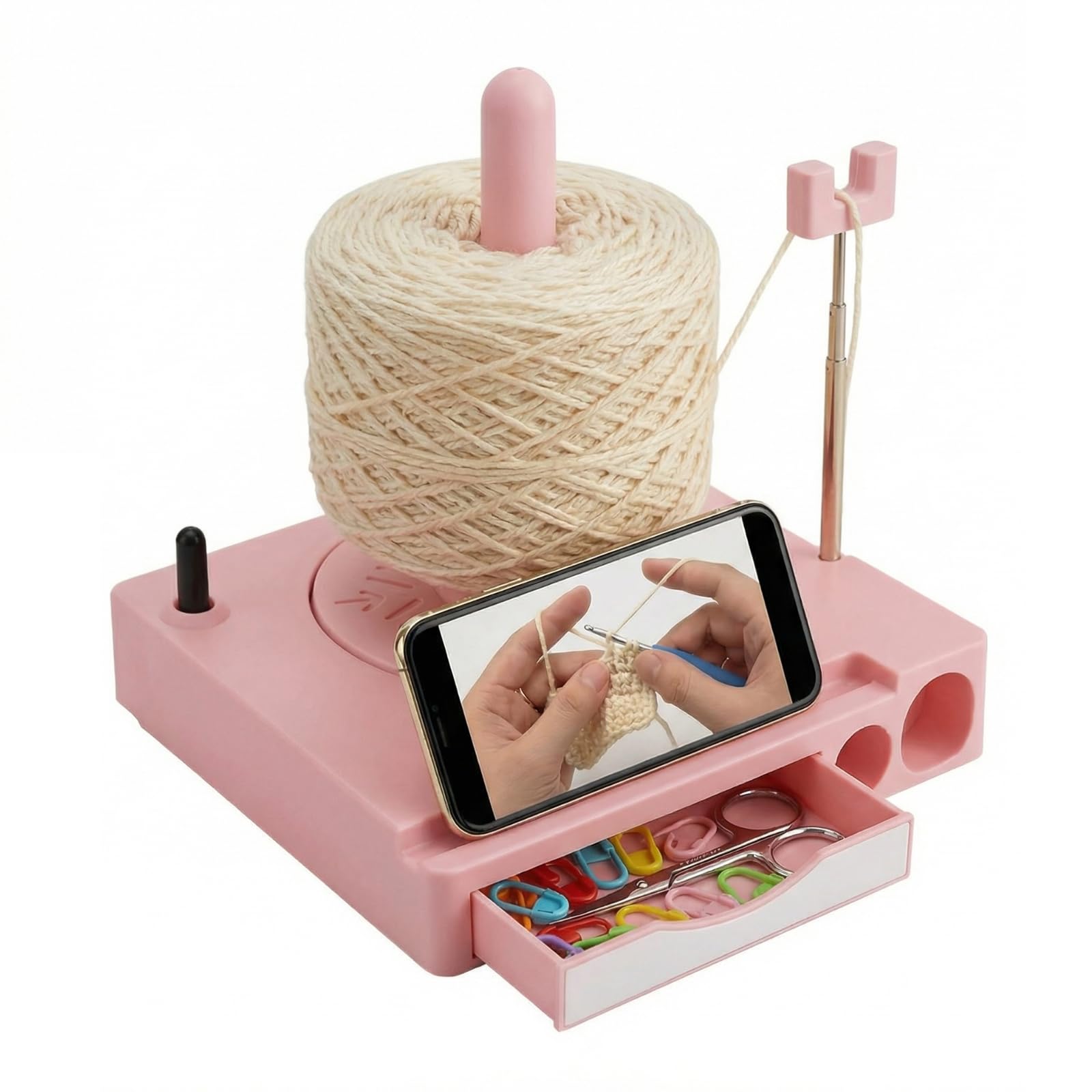 Photo 1 of Portable Multi-Functional Yarn Holder Spinner with Phone Stand, Detachable Yarn Spool Box & Crochet Accessories Organizer for Knitting Lovers (Pink)