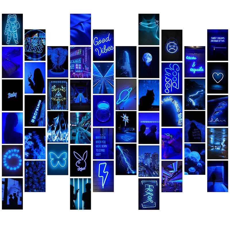 50PCS Blue Neon Aesthetic Pictures Wall Collage Kit, Neon Blue Photo Collections Collage Dorm Decors for Girl Teens and Women, Trendy Wall Prints Kit, Small Posters for Room Bedroom Aesthetic
