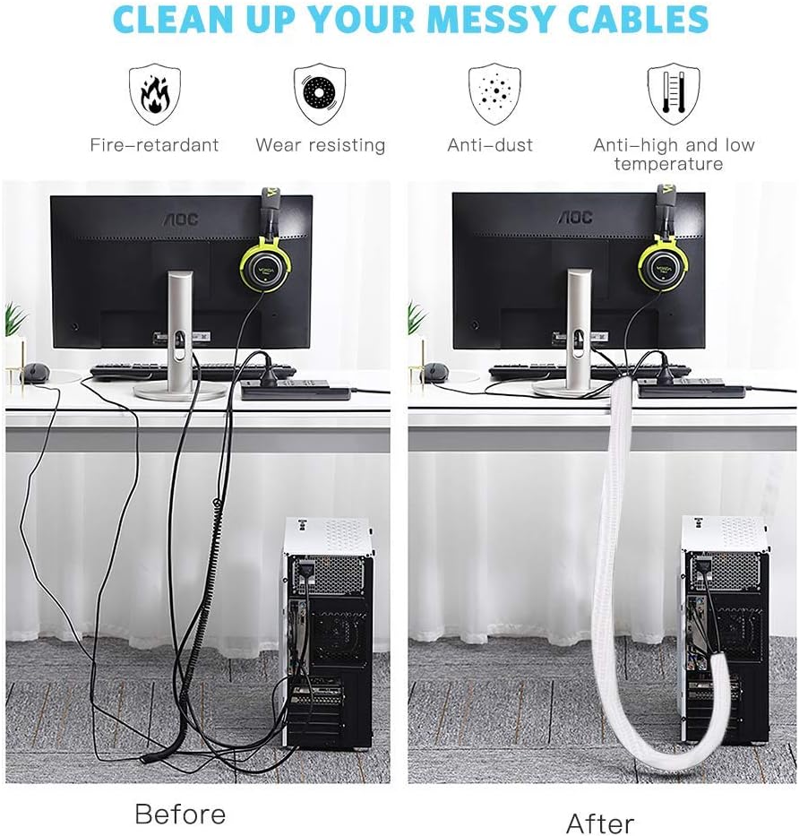 White Cable Sleeve Cover, AGPTEK Cord Management System for Desk PC TV Computer Projector Wires Protection and Organization, Home, Theater and Office, 6.6ft - 2/3 inch, White: Home Audio & Theater