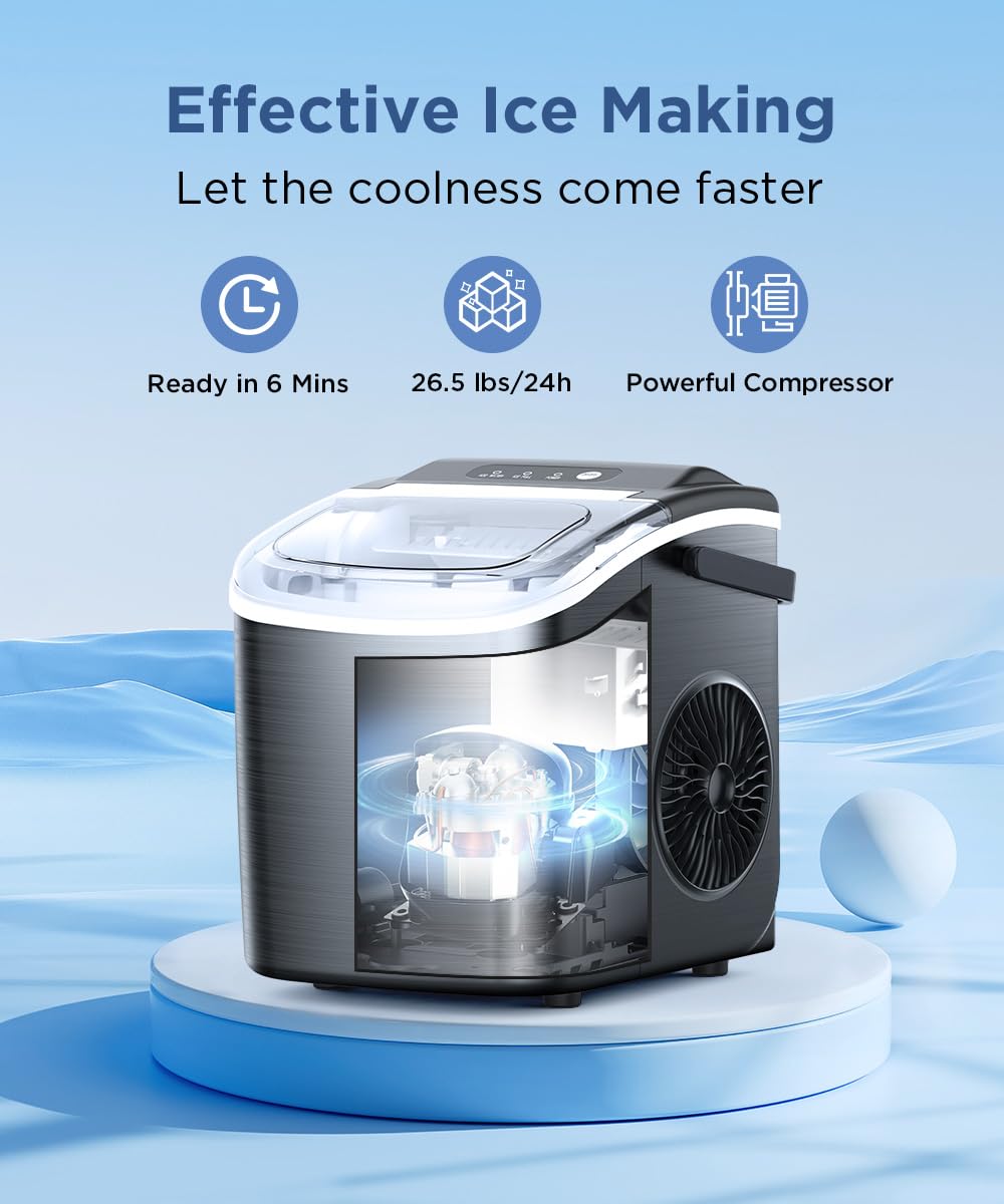 COWSAR Ice Maker Countertop, Stainless Steel Portable Ice Maker Machine with Self-Cleaning, 26.5lbs/24Hrs, 6 Mins/9 Pcs Bullet Ice, Perfectly for Home Use, Gift
