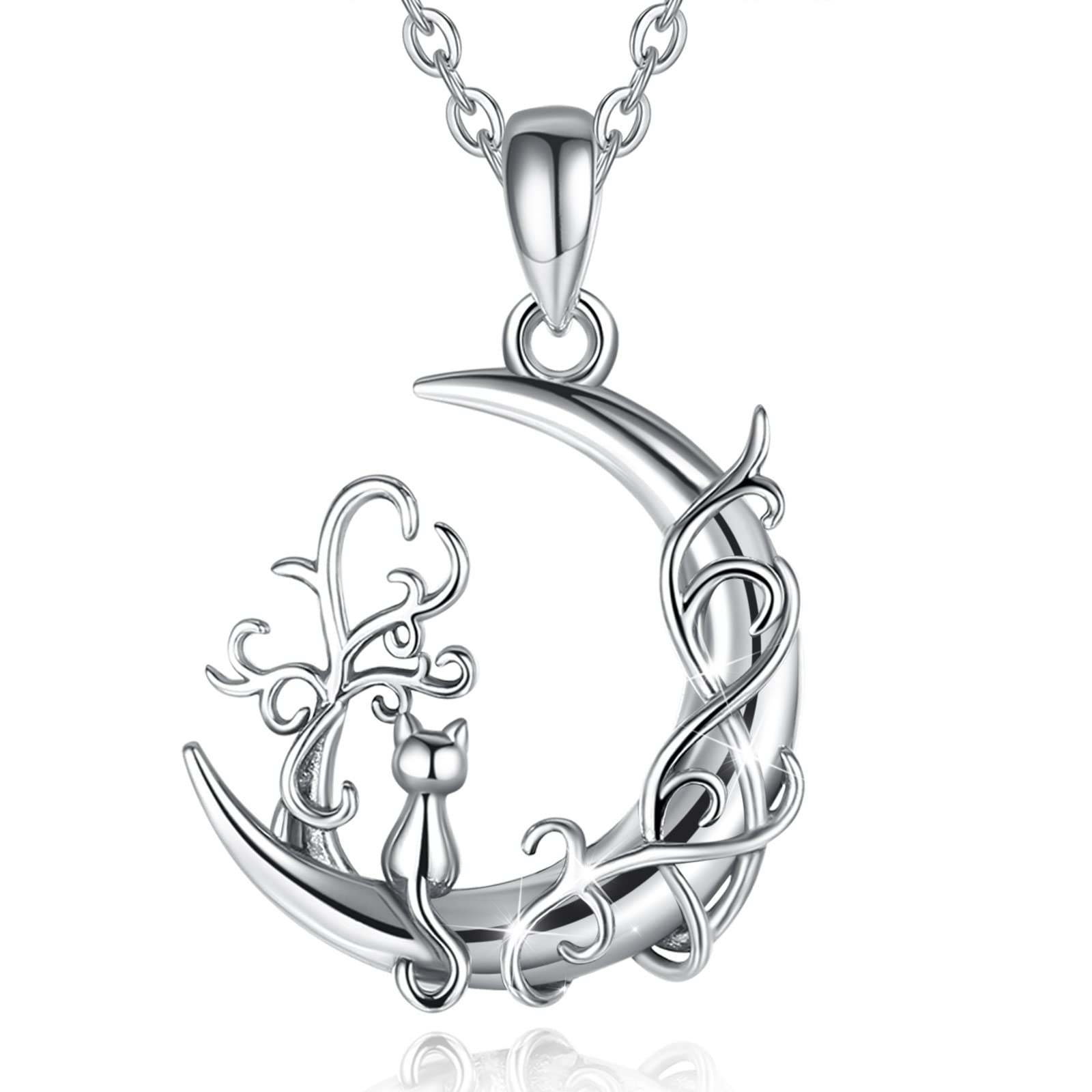 CELESTIA 925 Sterling Silver Cat Crescent Moon Pendant Necklace, Cat Gifts for Women, 18" Chain