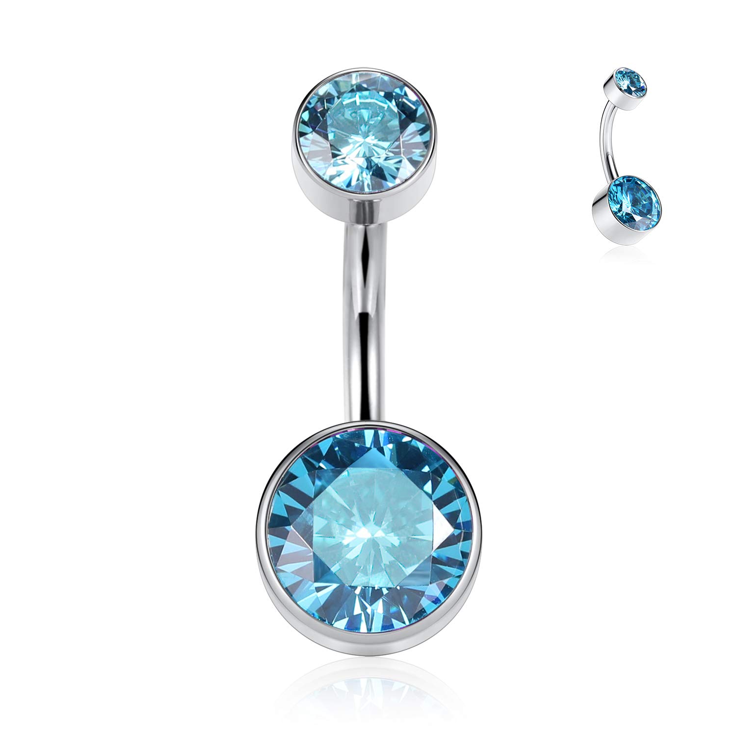 G23 Titanium Navel Ring Internally Threaded Belly Button Ring 14G 3/8 inch (10mm) Curved Shape with Blue CZ