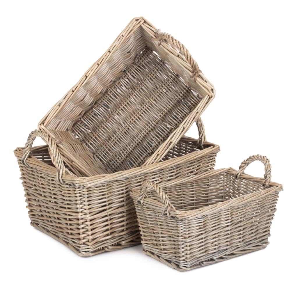 Red Hamper Set of Three Wicker Antique Wash Finish Handled Unlined Storage Basket, Brown, 29 x 39 x 18 cm
