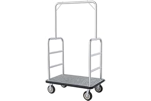 YORKGARGEN Hotel Luggage Cart, 1300LBS Load Capacity Bellman's Cart with 8" Wheels, Brushed Stainless Steel Commercial Grade Hotel Luggage Trolley with Grey Carpeted Deck for Hotels (42''L x 26''W x 70''H)