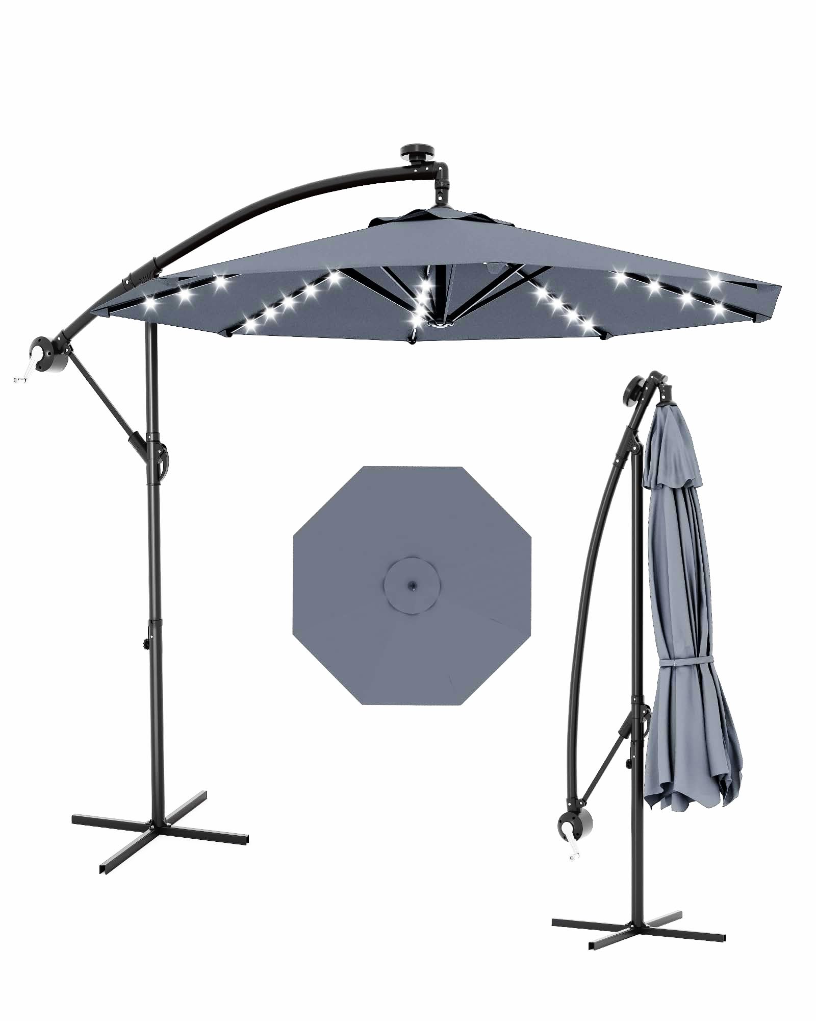 Photo 1 of 10FT Cantilever Umbrella with Solar Lights, Outdoor Offset Umbrella with Infinite Tilt and Cross Base, Fade Resistant Canopy Large Patio Umbrella for Deck Pool Garden Backyard, Light Grey