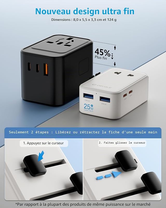 “Air” Adaptateur Prise Universelle avec 2 USB-C(PD 25W) ＆ 2 USB-A — photo 3 sur 8