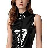 Sleeveless Latex Tops for Women,Black Latex T-Shirts with Front Zipper,Handmade Rubber Blouses